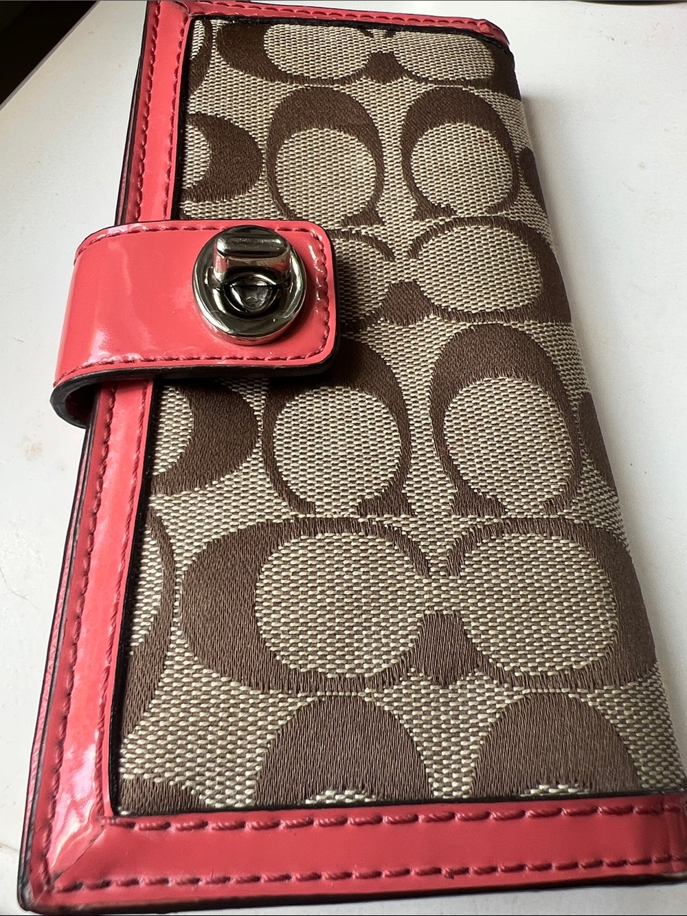 Coach Signature Canvas Phone Wallet with Coral Patent Leather Trim